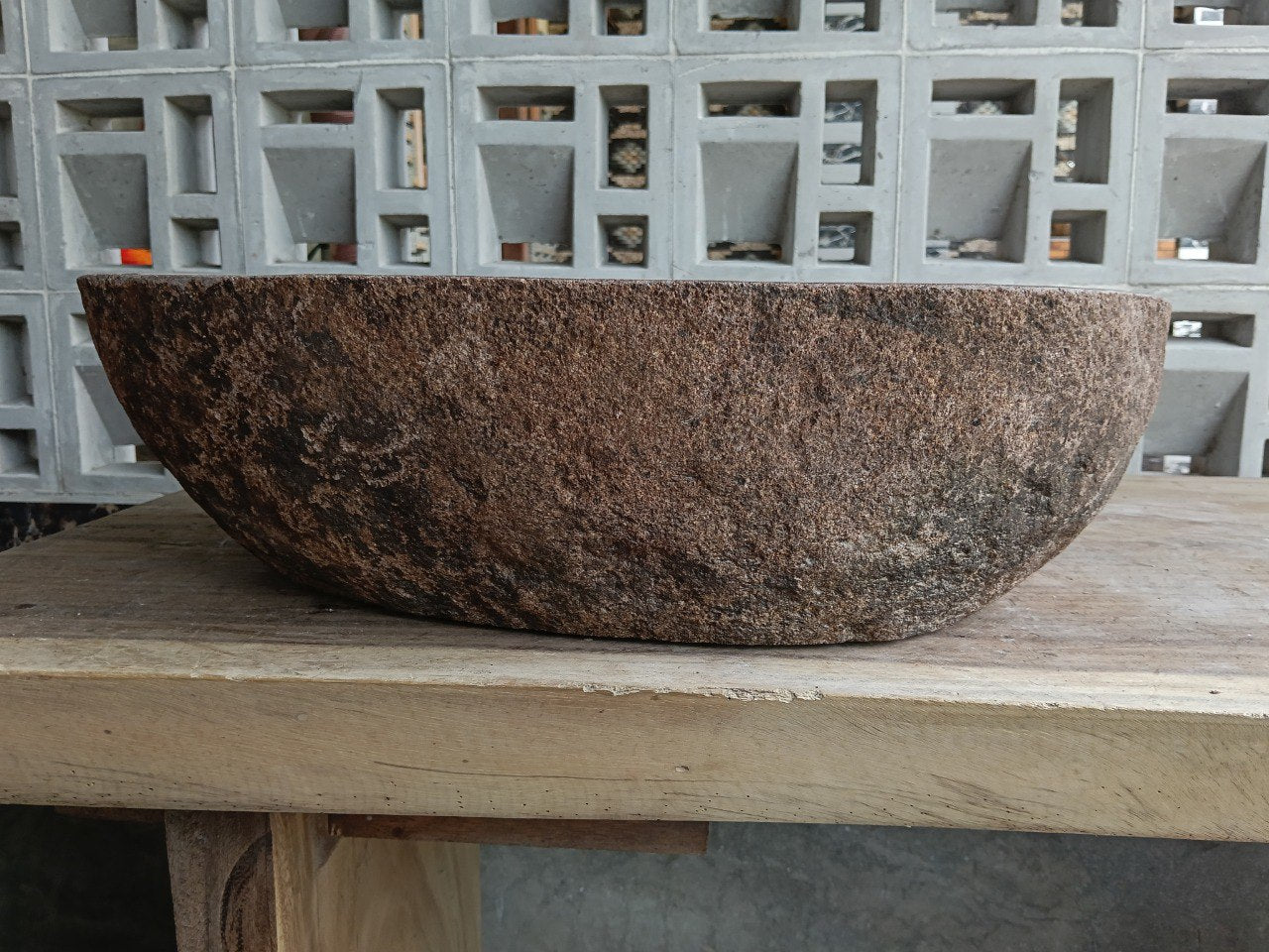 Back view of 6933-5337 natural stone vessel — textured exterior