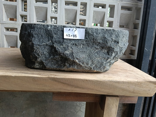 Front view of 6A17-4238 andesite stone vessel — polished interior bowl