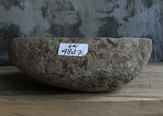 Front view of handcrafted oval light gray river stone sink 6641-4837