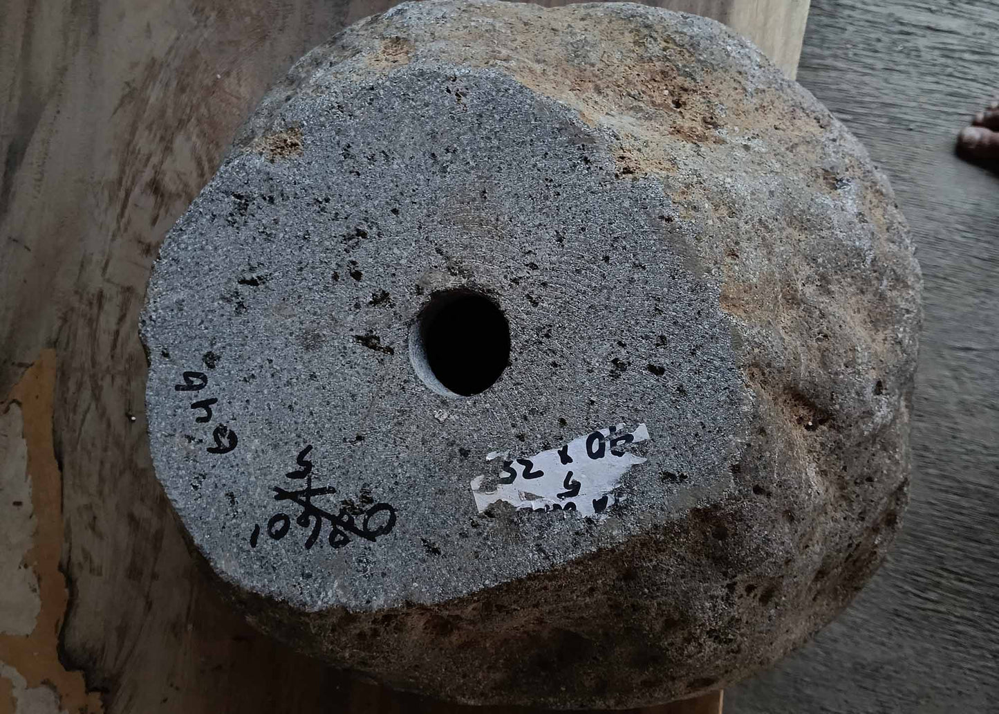 Bottom view of handcrafted irregular dark gray river stone sink 6646-4134