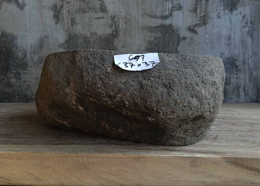 Front view of handcrafted round dark gray river stone sink 6647-3737