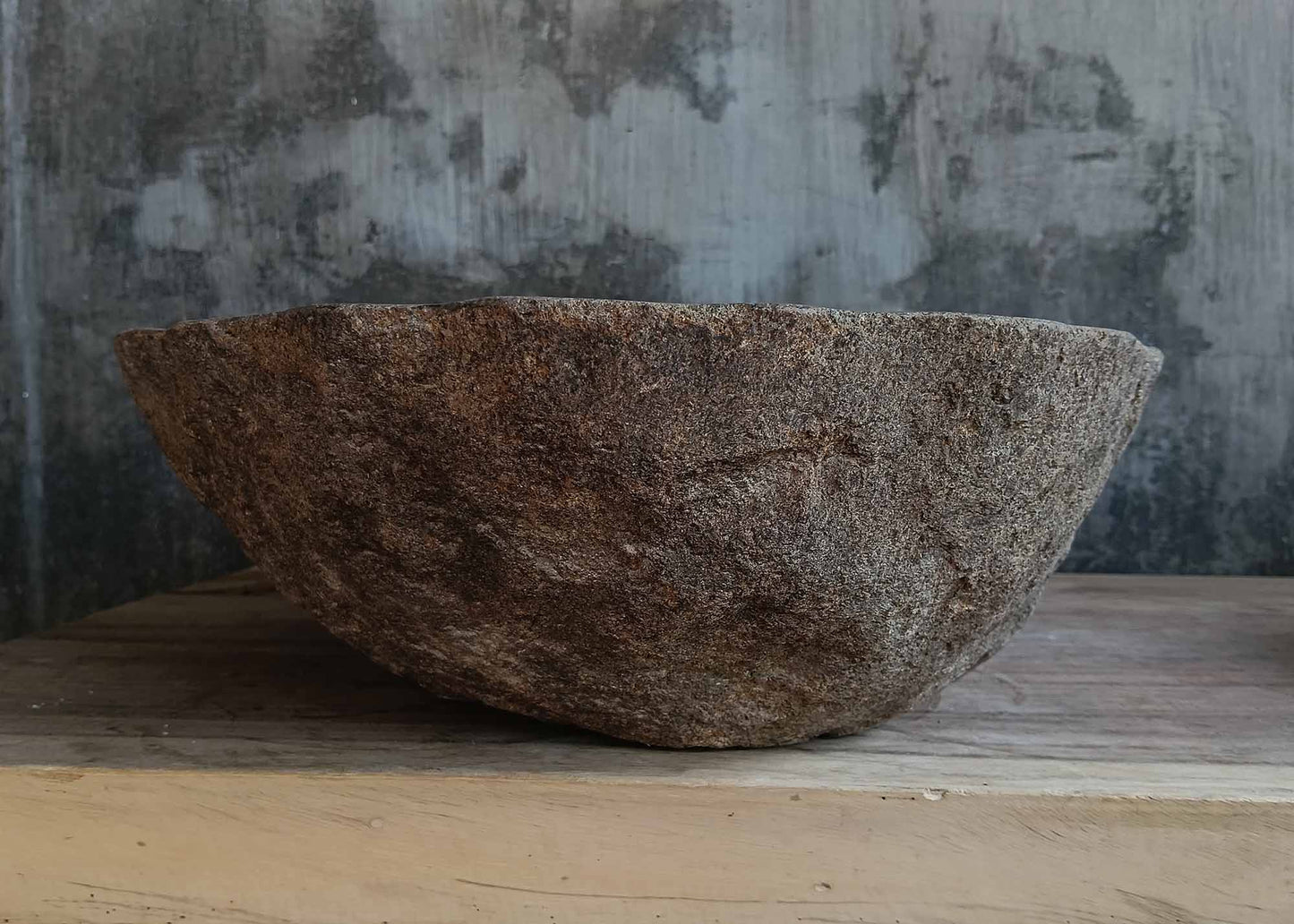 Right side view of oval light brown river stone vessel sink 6656-5643