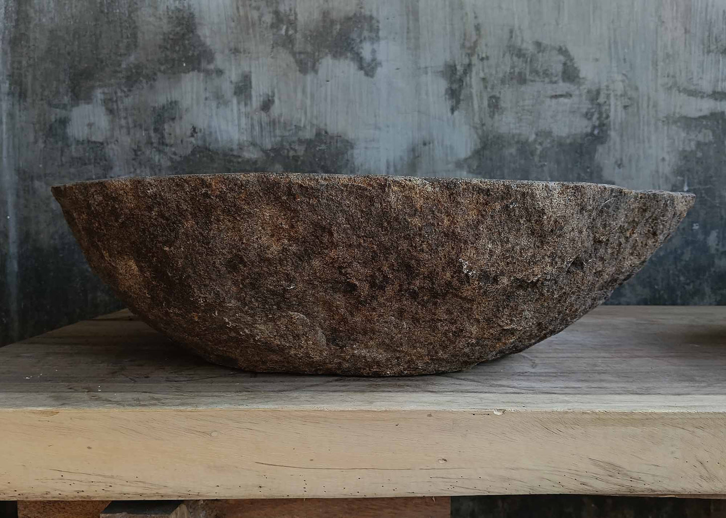 Back view of oval light brown natural stone bathroom sink 6656-5643
