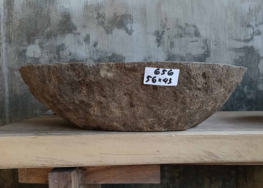 Front view of handcrafted oval light brown river stone sink 6656-5643