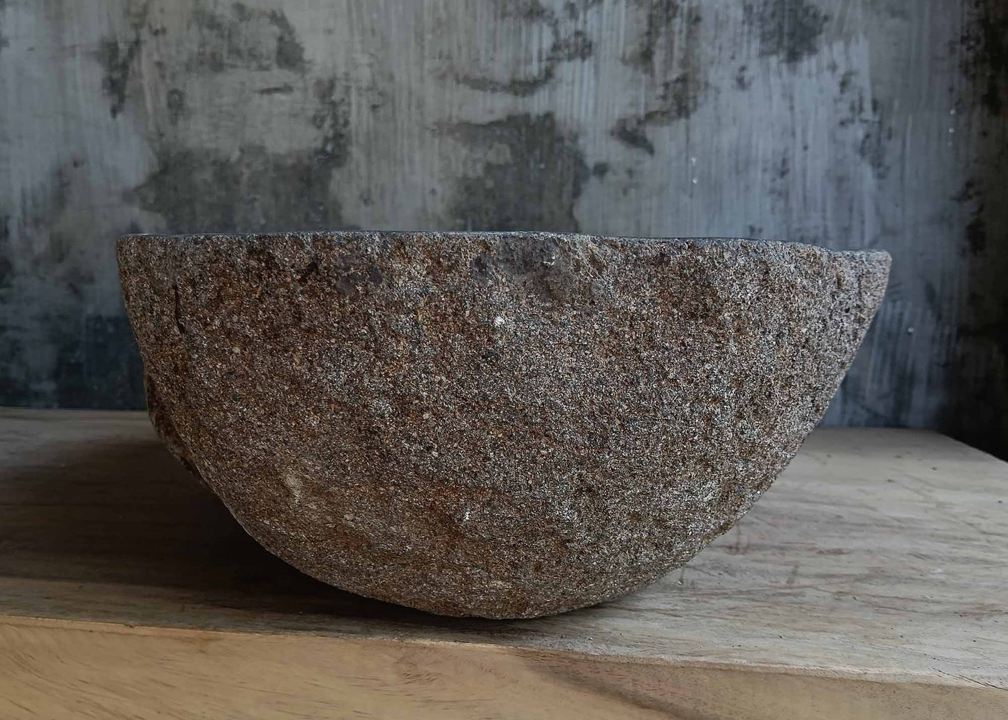 Right side view of oval dark gray river stone vessel sink 6666-4835