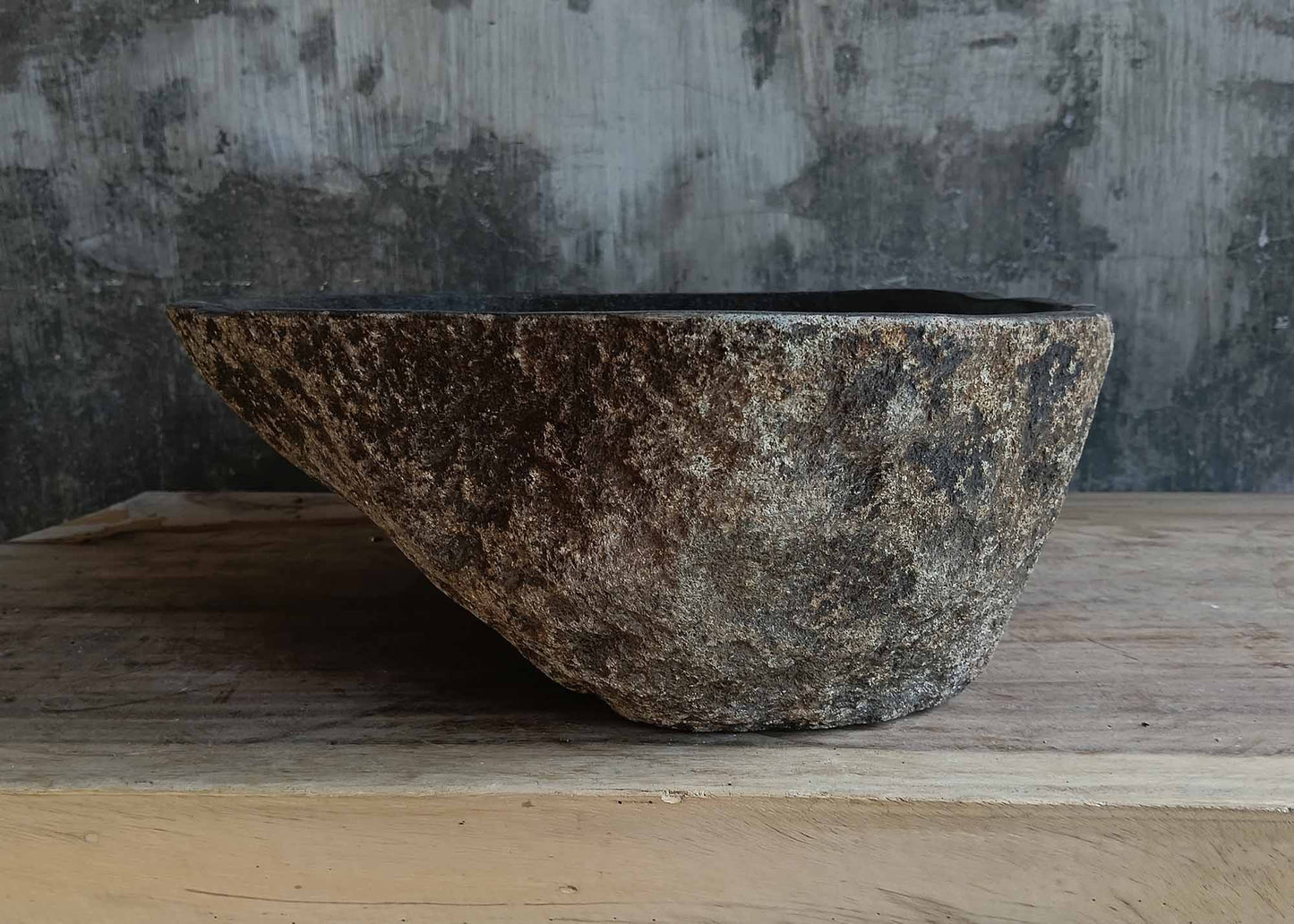 Right side view of oval dark gray river stone vessel sink 6673-3835