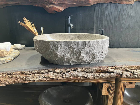 Gray marble bowl with natural darker markings in sink GMS-028