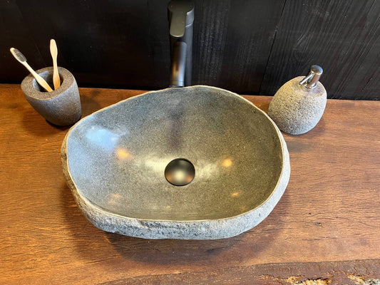 Top view of river stone vessel sink RSC-082 showing the basin and natural stone outline