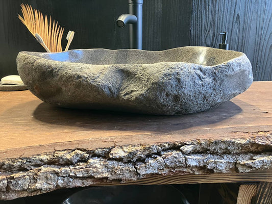 Interior bowl and natural stone texture of RSC-096 river stone bathroom sink