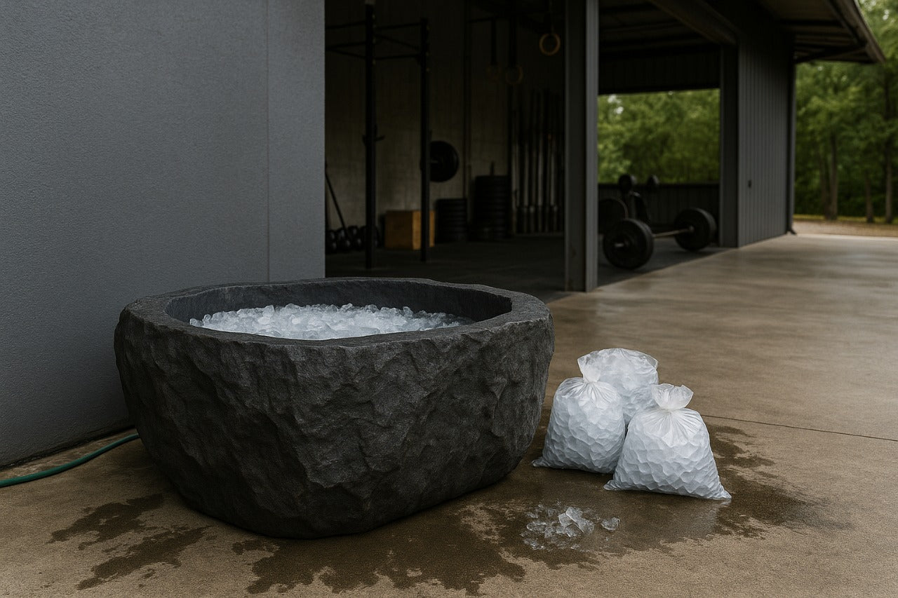 Hand-carved river stone cold plunge tub filled with ice beside an outdoor CrossFit gym