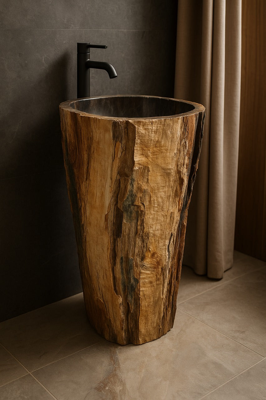 Petrified wood pedestal sink with natural wooden texture and polished dark basin in modern bathroom