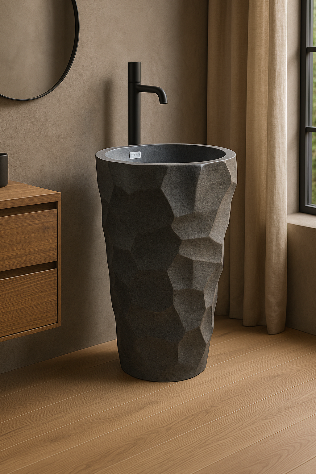 Polished river stone pedestal sink with natural irregular edges in modern bathroom