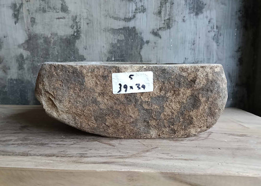 Front of light gray stone sink with raw textured exterior – 6005-3934
