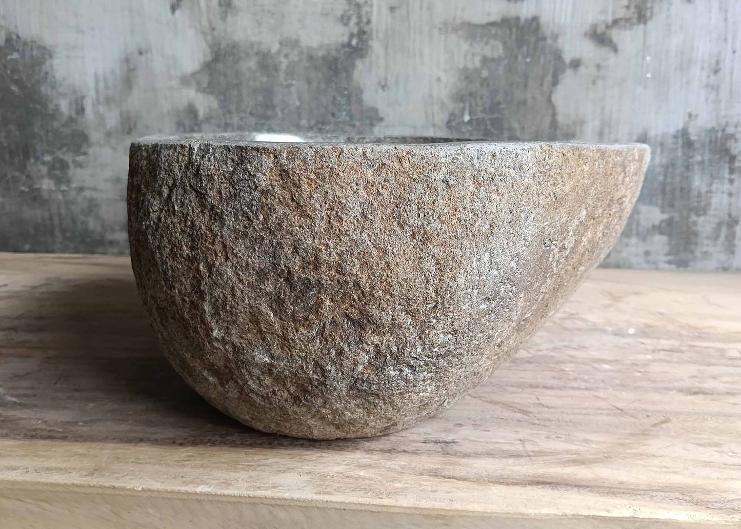 Left angle of gray river stone sink with soft oval shape – 6013-3933
