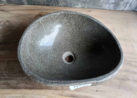 Top view of handcrafted oval river stone sink with gray polished interior – 6013-3933
