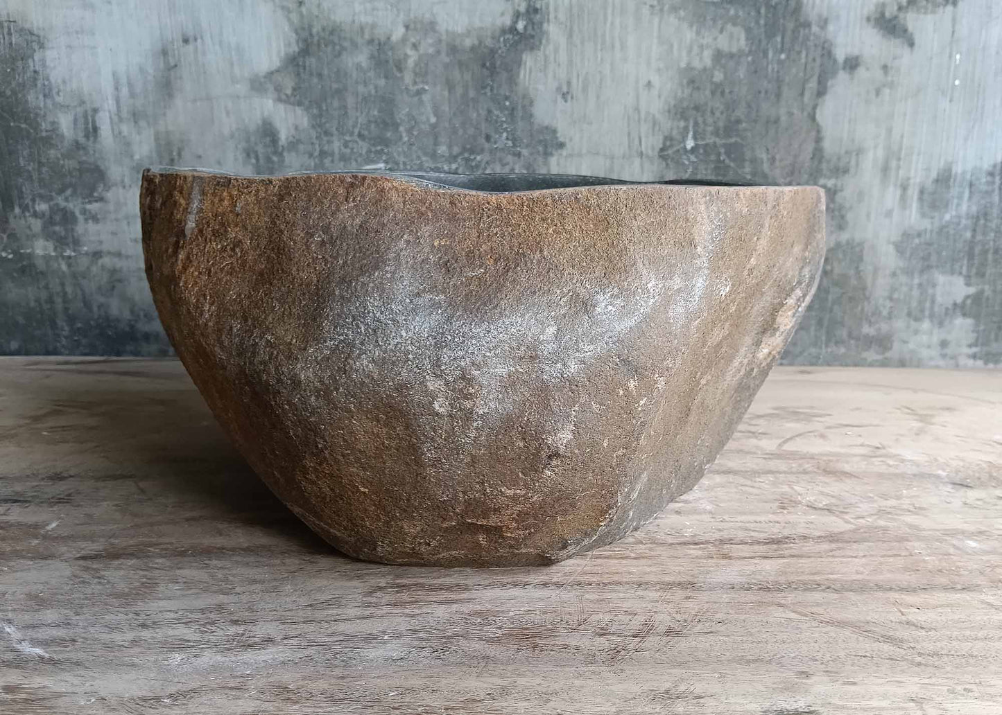 Right side of small river stone sink with copper-streaked exterior – 6014-3430
