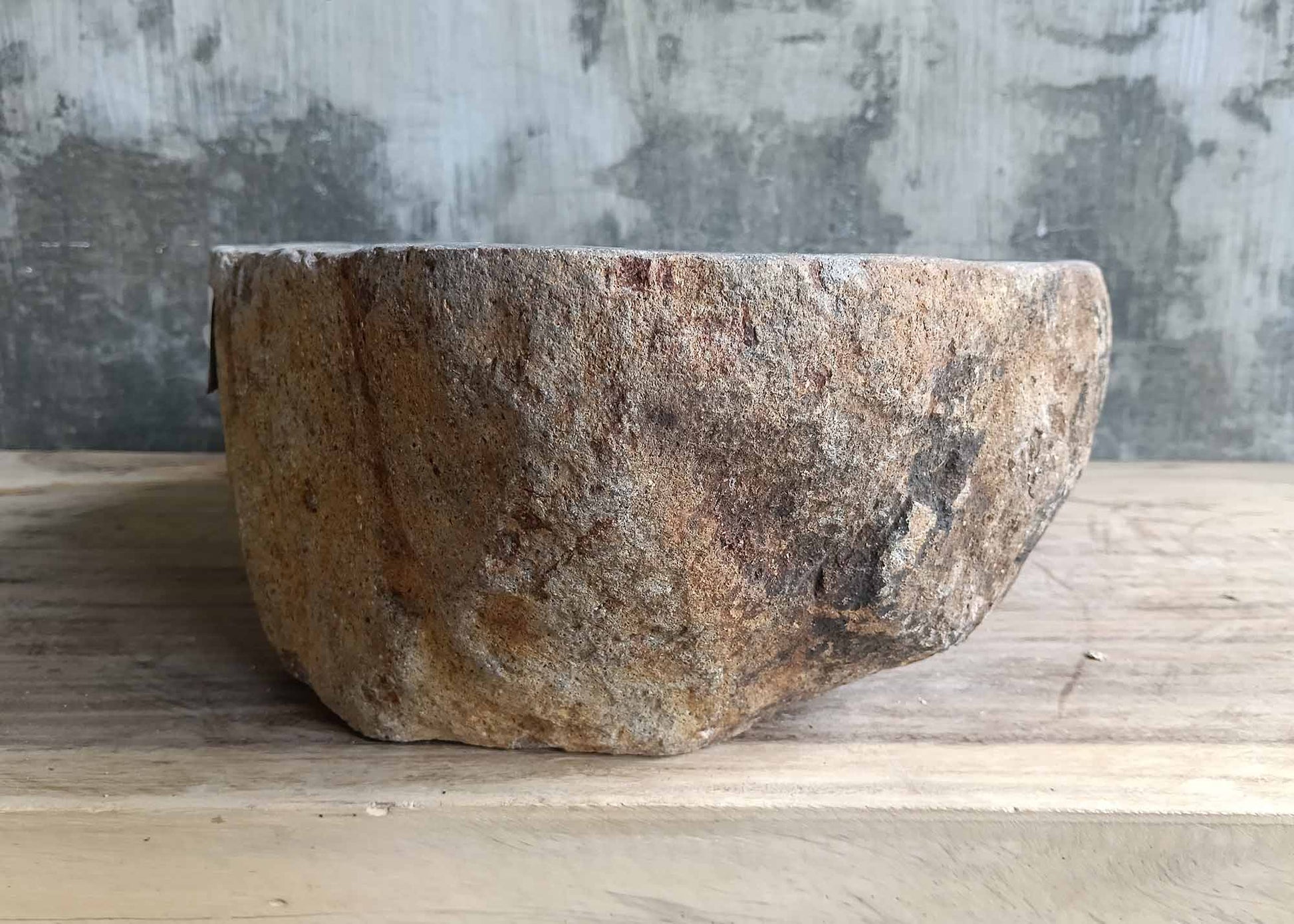 Left angle of uniquely shaped stone basin 6015-4934 in gray tones
