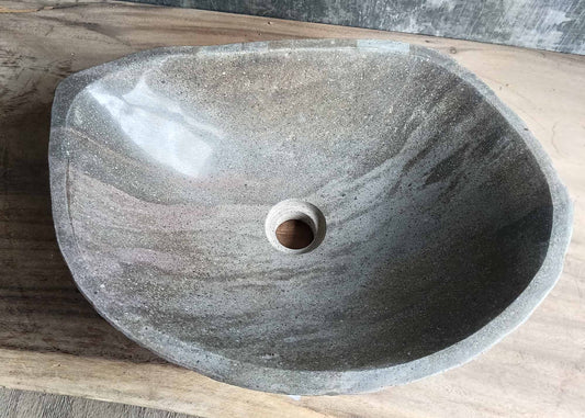Top view of oval river stone sink 6102-4935 with light gray polished finish
