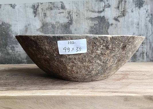 Front side of handcrafted river sink 6102-4935 with flowing gray tones

