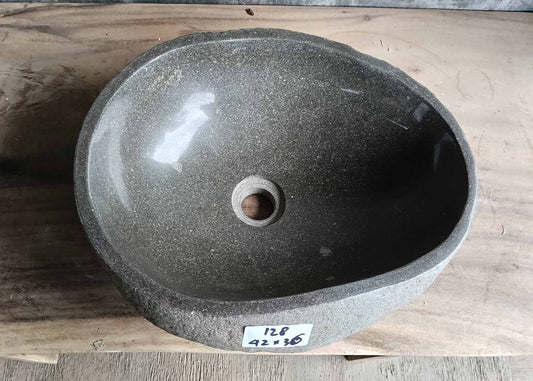 Top view of oval river stone sink 6128-4236 with green-gray polished surface
