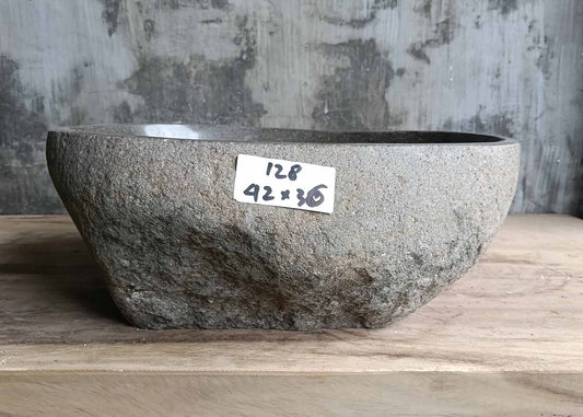Front side of handcrafted sink 6128-4236 showing light gray rough exterior
