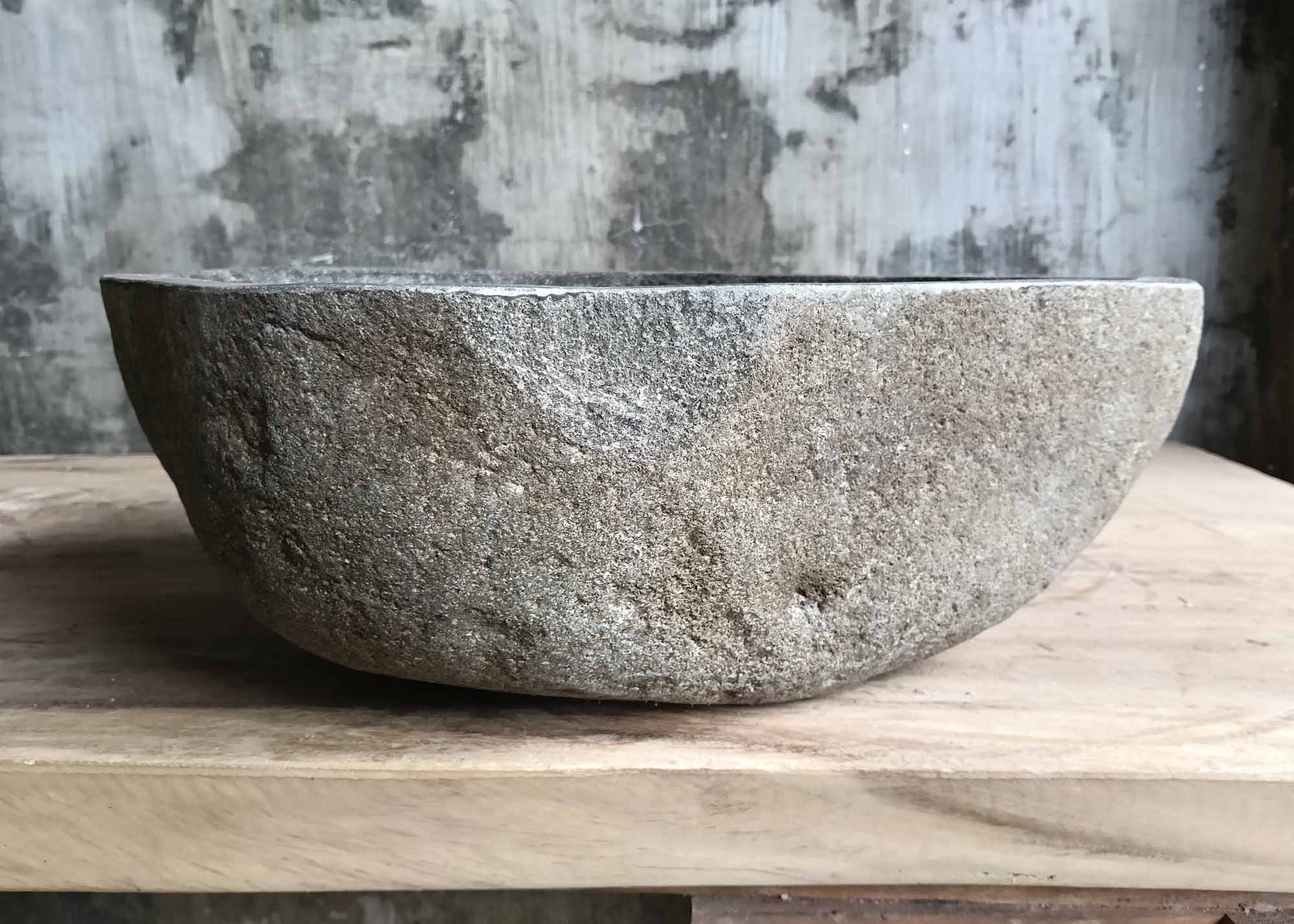 Back view of handcrafted sink 6132-4132 with raw gray-beige stone texture
