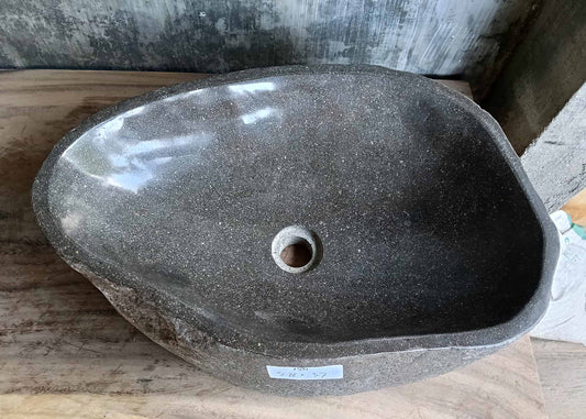 Top view of river stone sink SKU 6150-5837 with dark polished granite interior and curved organic shape
