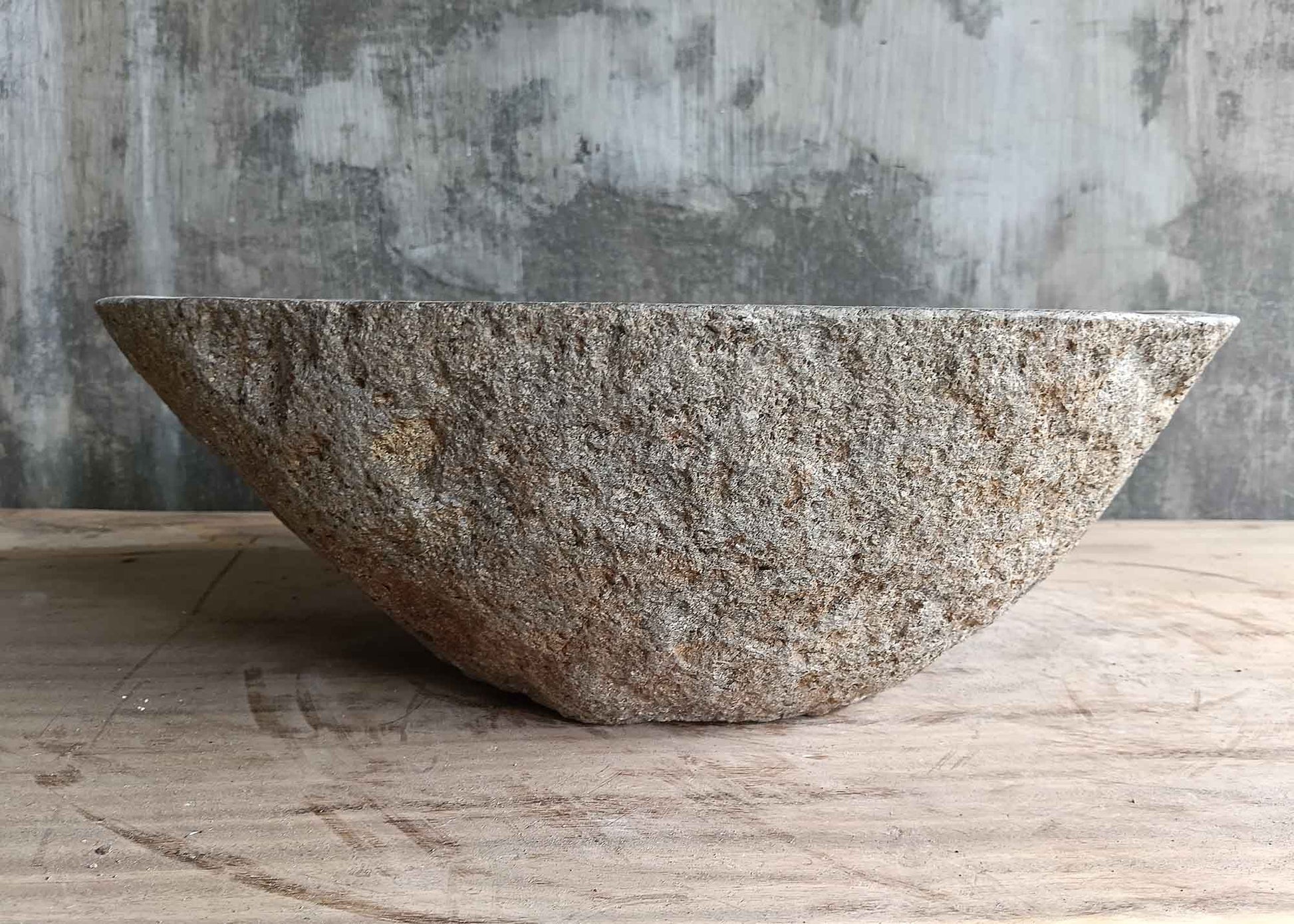 Front side of 17×12 inch gray river stone sink showing raw exterior texture
