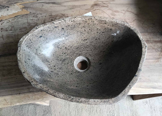 Top view of beige irregular river stone sink with speckled interior – SKU 6173-4332
