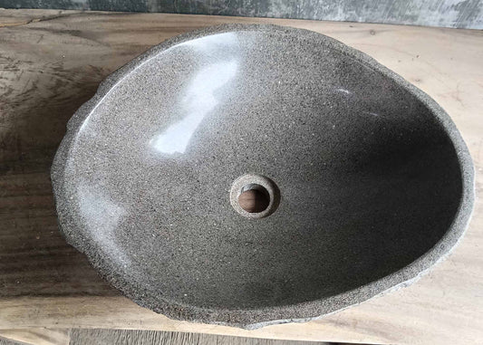 Top view of dark gray river stone sink with polished oval bowl – SKU 6174-4637
