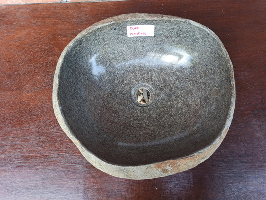 Top view of 5010-393816 smoky gray river stone sink — polished oval interior
