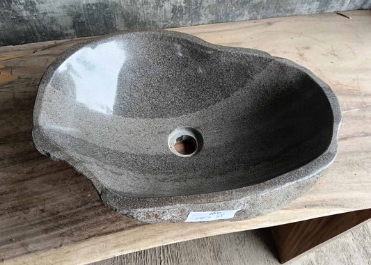 Top view of river stone sink SKU 6180-5035 with soft gray polished interior and organic flowing shape
