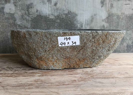 Front view of gray river stone sink 17×13 inch with natural uneven edge and boat-like curve
