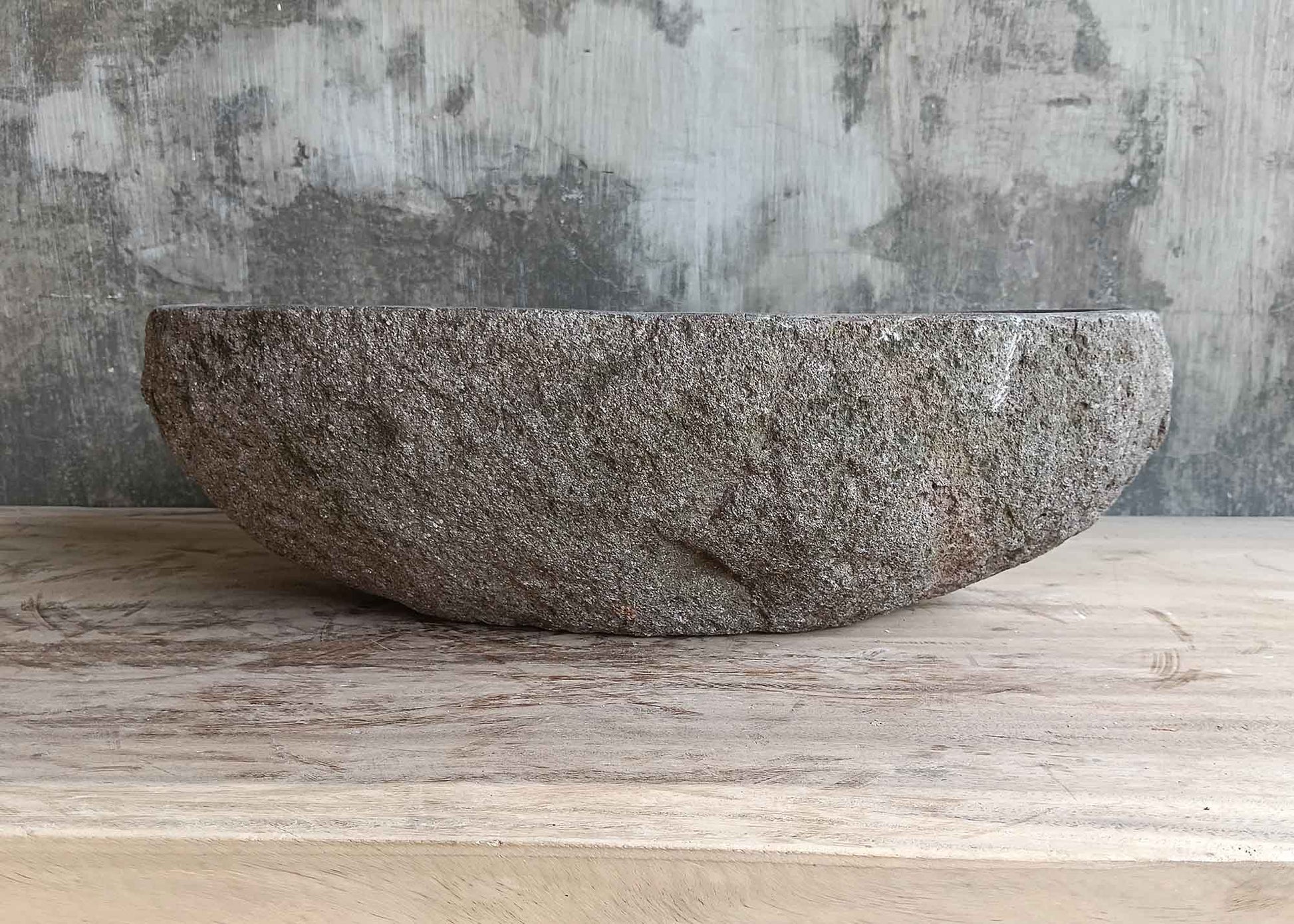 Front view of 18×12 inch brown river stone sink with boat-like side profile
