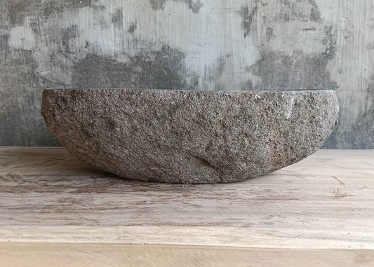 Front view of 18×12 inch brown river stone sink with boat-like side profile
