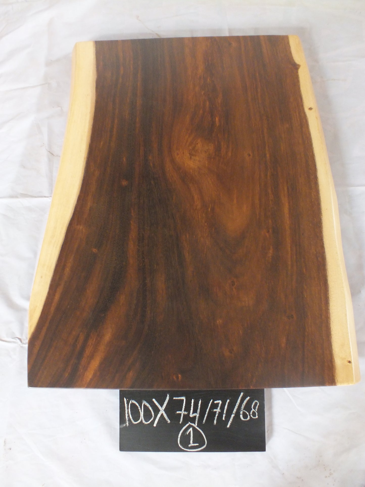 Top view of suar wood slab 0001-747168 with wide live edges, long format, and rich brown natural wood grain, solid single-piece countertop.
