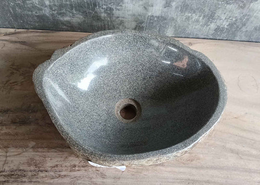 Top view of 16×13 inch gray river stone sink with oval shape and polished finish
