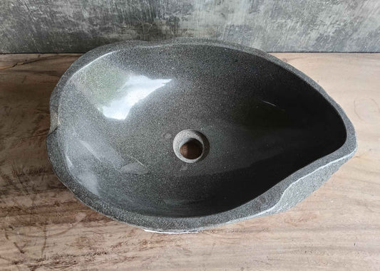 Top view of 18×13 inch gray river stone sink with rear ledge and asymmetrical polished basin
