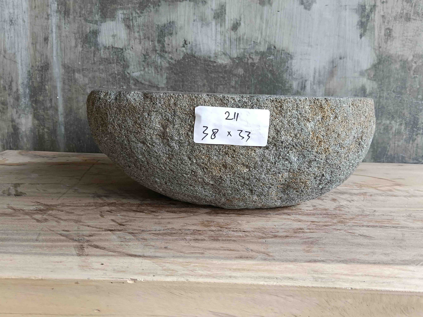 Right side view of 15×13 inch grey river stone sink showing boat-like profile
