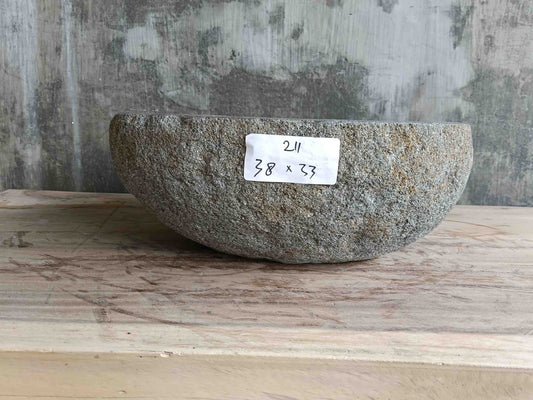 Right side view of 15×13 inch grey river stone sink showing boat-like profile
