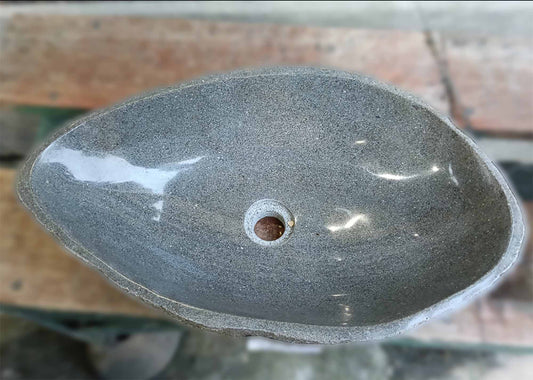 Top view of river stone sink SKU 6218-5634 showing polished gray interior and curved boat shape
