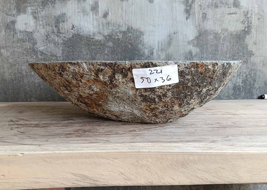 Front profile of handcrafted stone sink 6221-5036 with raw brown-gray exterior
