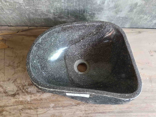 Top view of handcrafted grey 15×11 inch river stone sink with natural streaks
