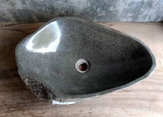 Top view of river stone sink 6237-5336 with polished olive-gray interior and curved triangular shape
