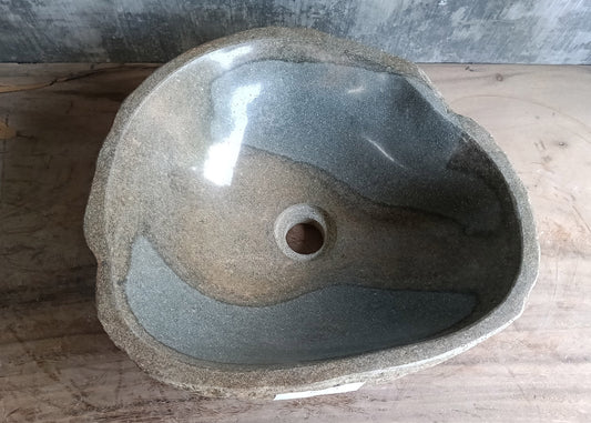 Top view of river stone sink 16×14 inch with brown-gray swirl pattern and glossy interior
