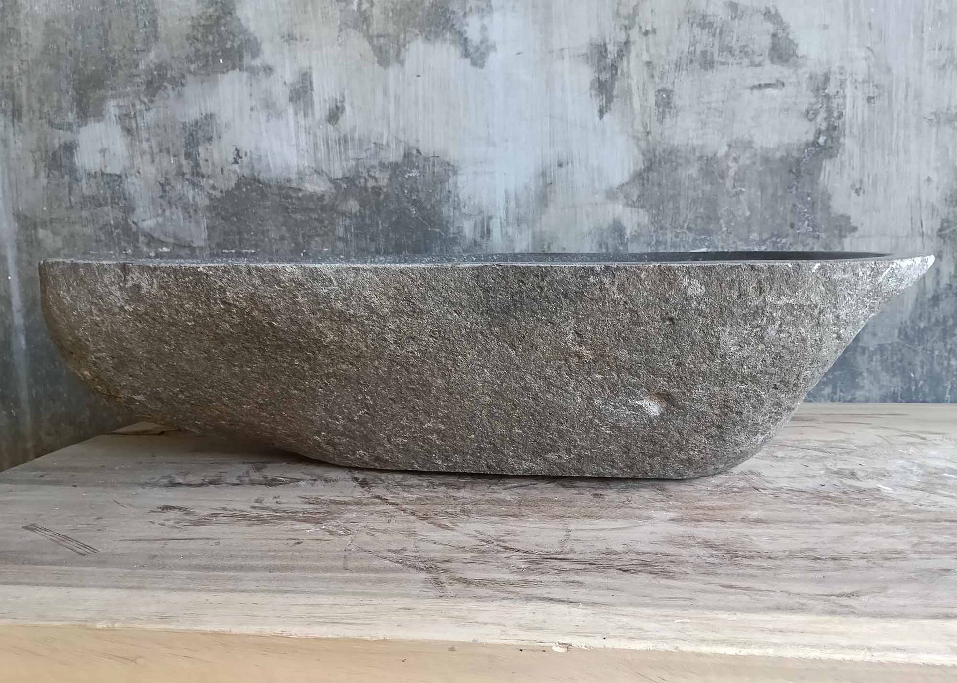 Back view of river stone sink 6245-5640 showing curved edges and thick stone walls

