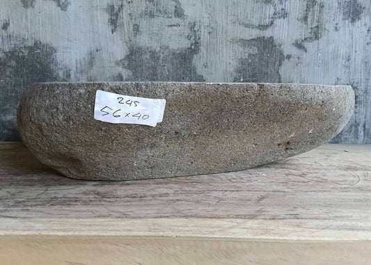 Front profile of handcrafted sink 6245-5640 with bold natural exterior in gray and brown tones
