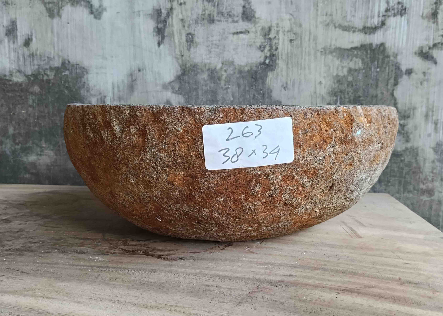 Right side view of 15×13 inch grey river stone sink showing boat-like profile
