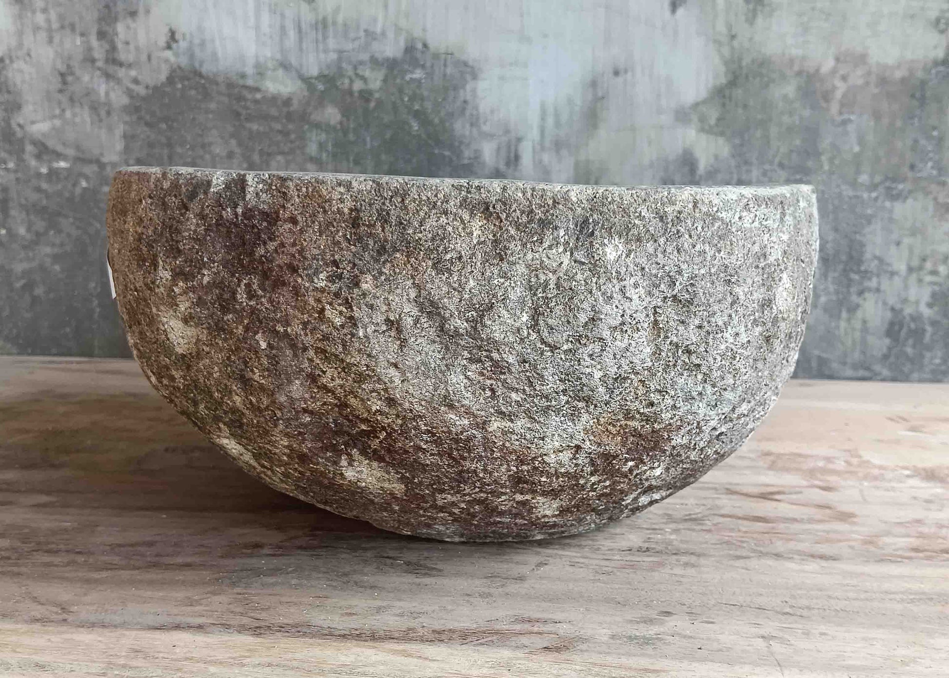 Right side view of 13×12 inch light-gray river stone sink showing boat-like profile
