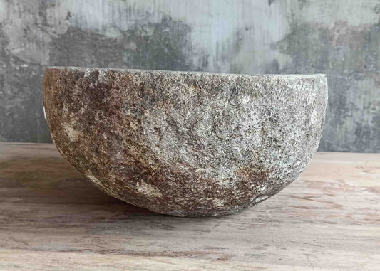 Right side view of 13×12 inch light-gray river stone sink showing boat-like profile
